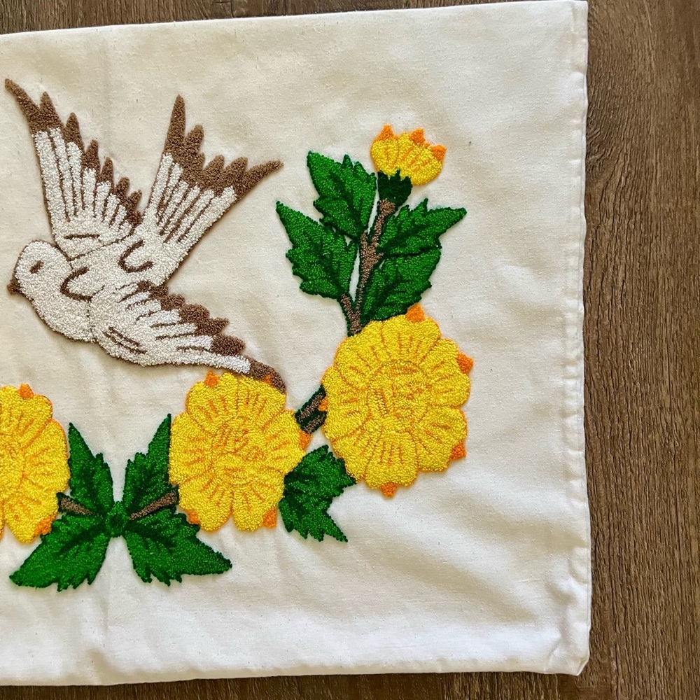 Embroidered Bird and Floral Pillow 17/25 inches - Picture 7 of 12